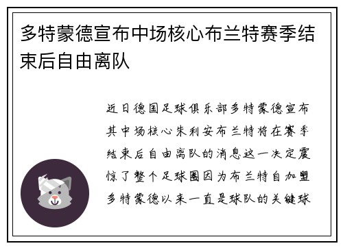 多特蒙德宣布中场核心布兰特赛季结束后自由离队